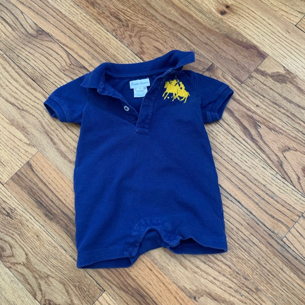 Ralph Lauren Polo Onesie / Bodysuit in Blue and Yellow with Large Horse Logo